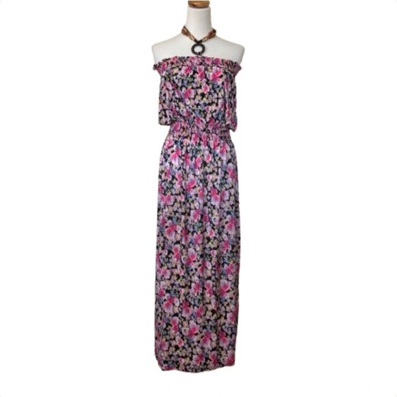 NINA PIU Floral Beaded Tie Sleeveless Dress Gathered Waist Maxi Size Large - Picture 1 of 9